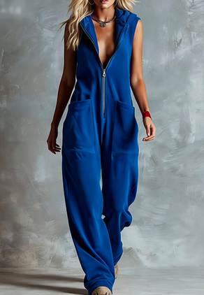 Hooded Sleeveless Zipper Loose Wide-leg Jumpsuit