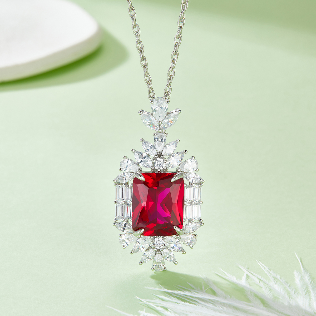 S925 Silver 14.6g 12.86ct Lab-Created Ruby Necklace, 15x12mm Halo Pendant, 40&5cm
