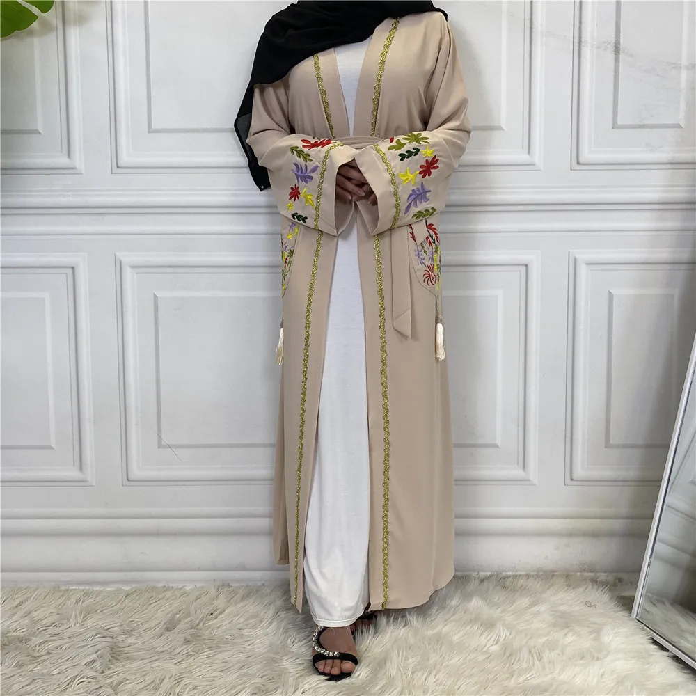 Fashionable Embroidered Cardigan Lace Up Women's Robe - Apricot