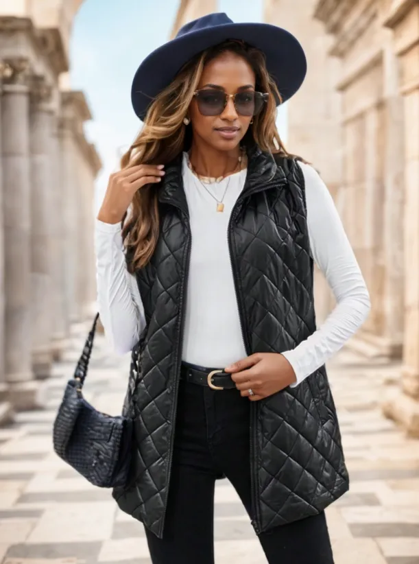 Clasi Slant Pockets Sleeveless Argyle Quilted Vest Coat Black - Shop at LoveMi