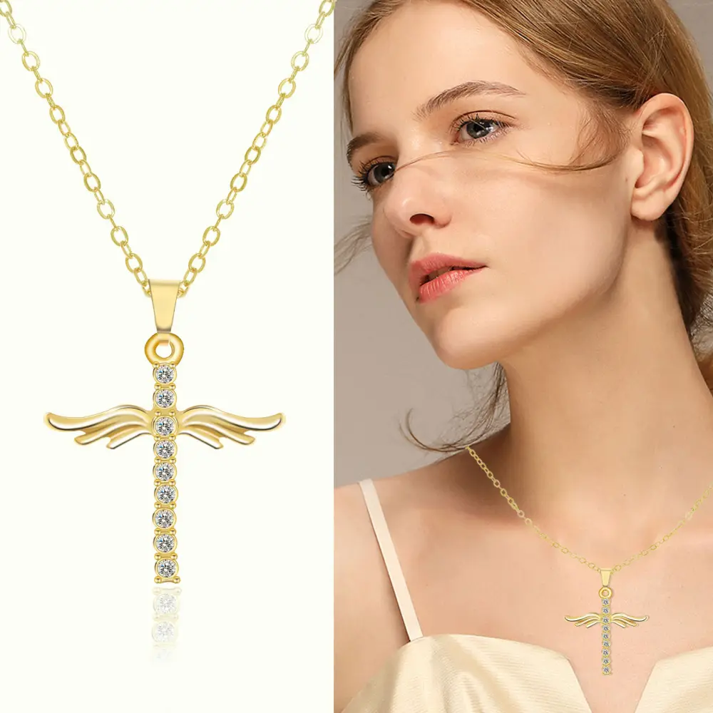Angel Wings Cross Pendant Necklace for Woman with O