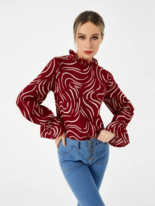 Ladies Graphic Casual Balloon Sleeve Shirt Red - Shop at LoveMi
