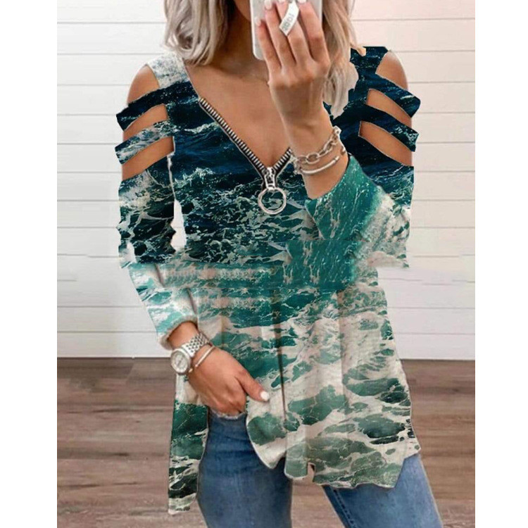 Women's Printed Cutout Long Sleeve Pullover Zip Top