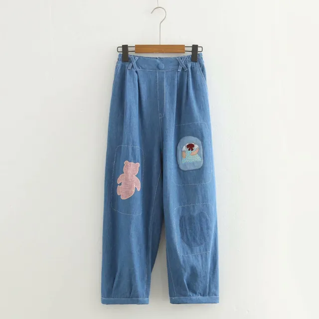 College Wind Blue Denim Patchwork Bear Plaid Embroidery Loose And Thin Cropped Trousers Women Blue - Shop at LoveMi