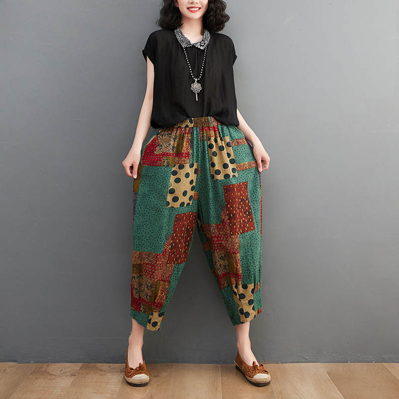 Women's Cotton And Linen Casual Plus Size Printed Ninth Harem Pants