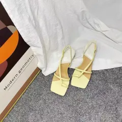 Printed Color-blocking Square Toe Flip-flop Mid-heel Fairy Style Back Strap High Heels - Yellow - View 1