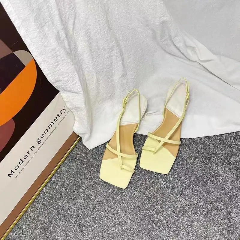 Printed Colour-blocking Square Toe Flip-flop Mid-heel Fairy Style Back Strap High Heels - Yellow