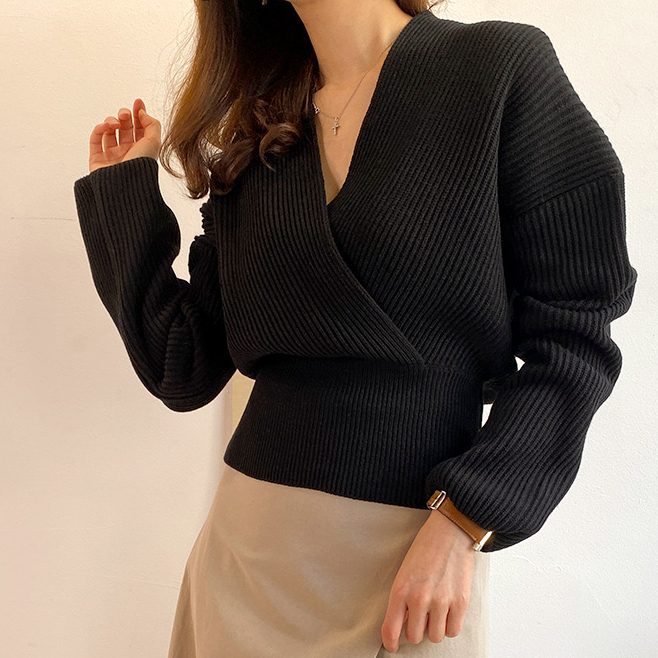 Cross V-neck  Waist Slim Knit Sweater