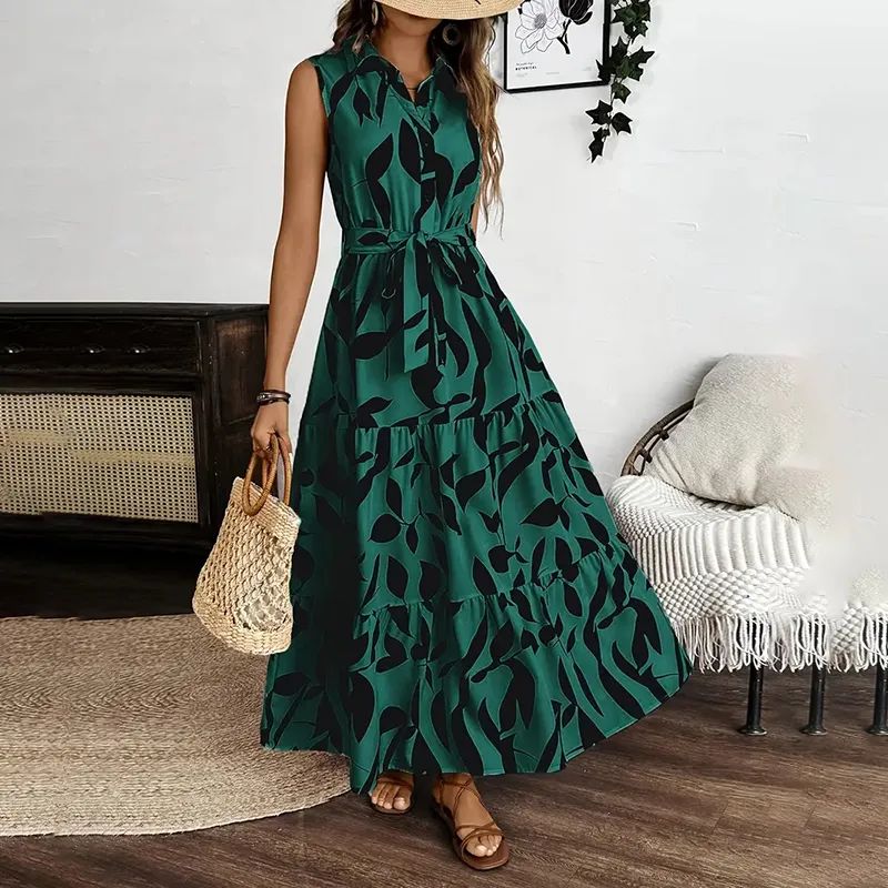 Women Sleeveless Boho Floral Maxi Dress Summer Button Shirt V Neck Flowy Belted Beach Vacation Dresses - Green