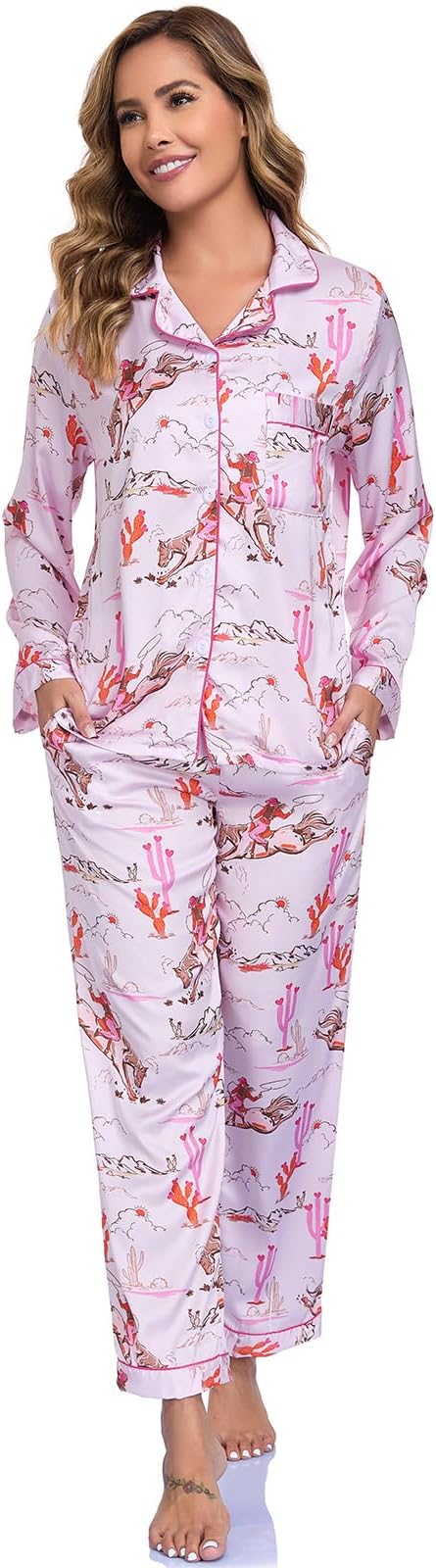 RONGTAI Womens Pajama Sets Button Down Long Sleeve Lapel Shirt With Pocket — image 12