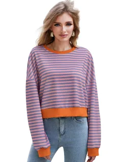 Women's Long Sleeved Striped Round Neck Sweater Top - Orange - View 1