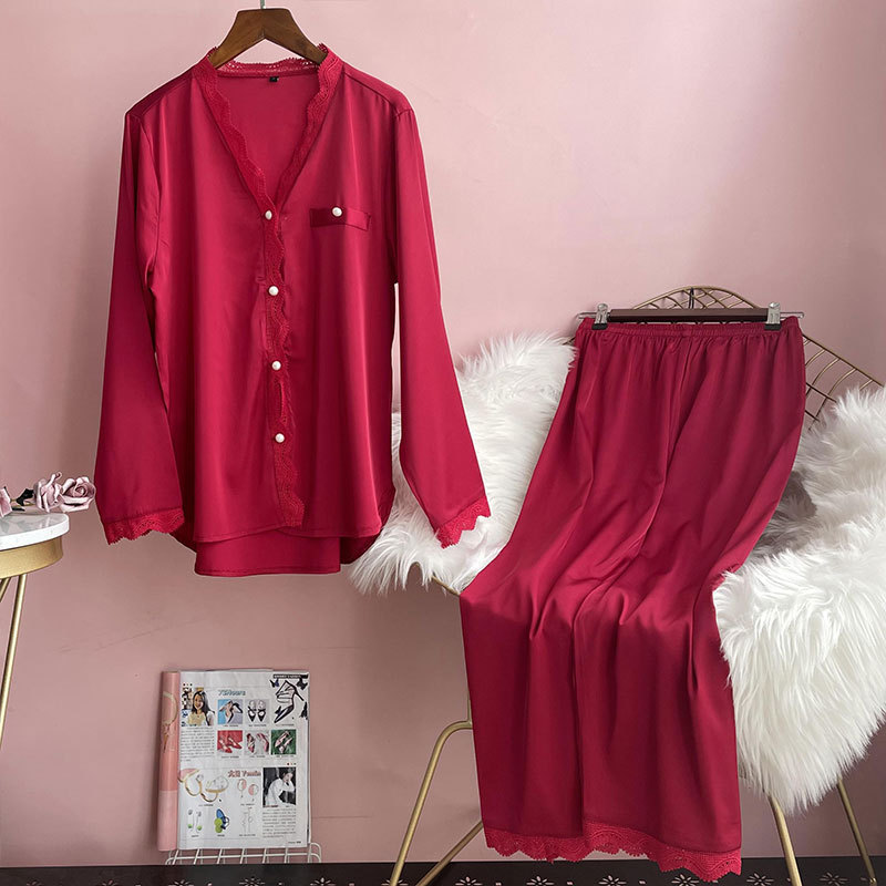 Pajama Lady Ice Silk Long Sleeve Plain Lace