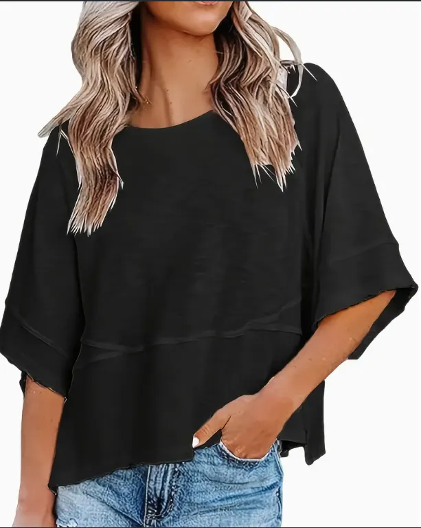 Women's Clothing Solid Color Crew Neck Loose Basic T shirt Black - Shop at LoveMi