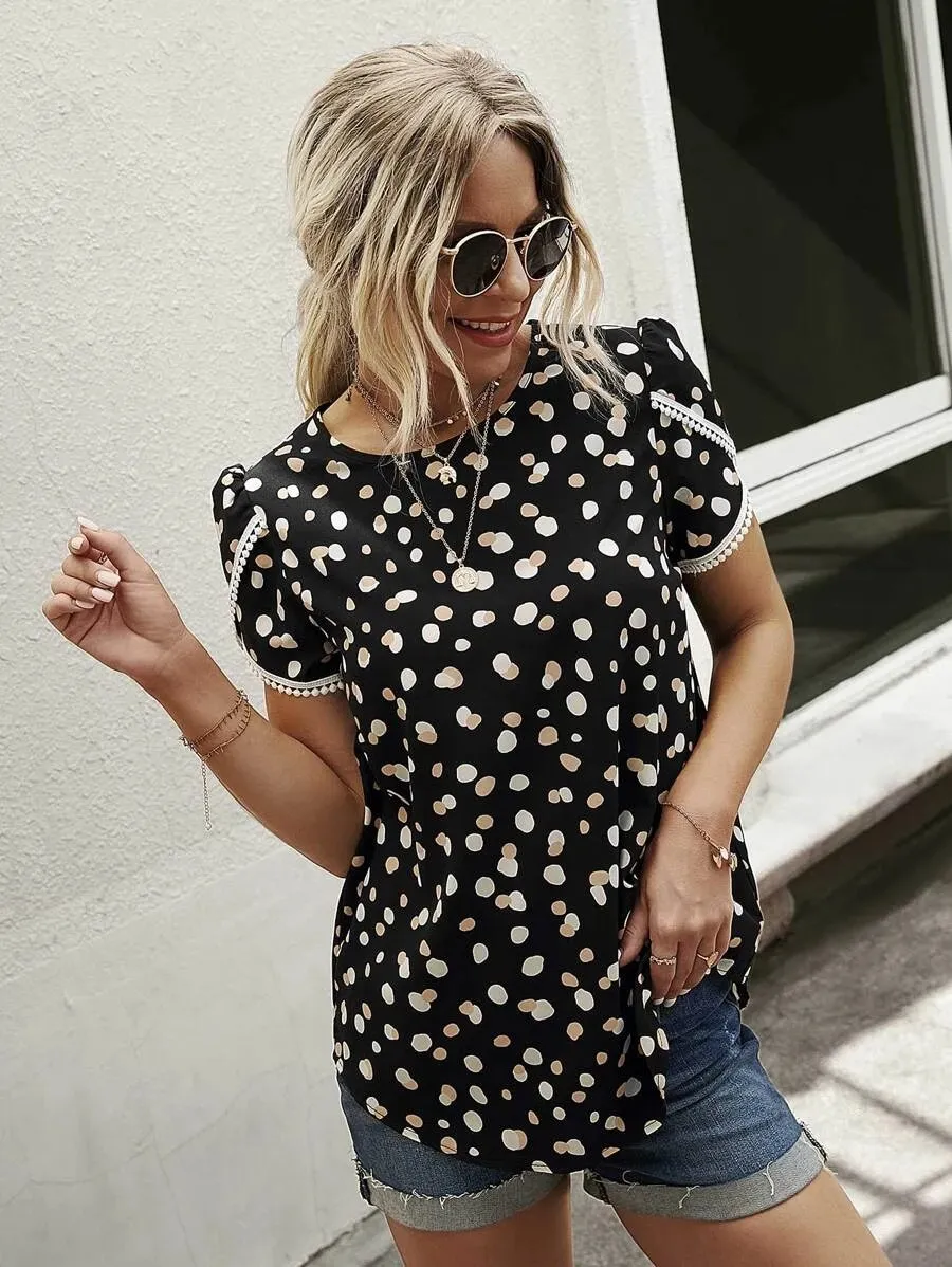 Women's Top Casual Floral Print Lace Crochet Short Sleeves - Black Apricot Dots