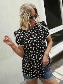Women's Top Casual Floral Print Lace Crochet Short Sleeves - Black Apricot Dots - View 1