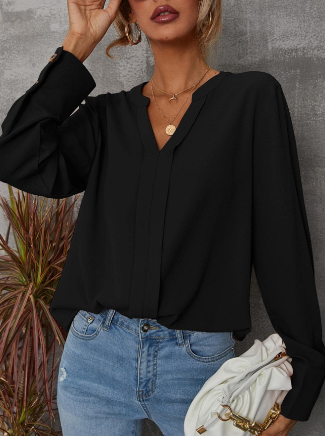Solid Notched Buttoned Cuff Blouse,Long Sleeve Tops