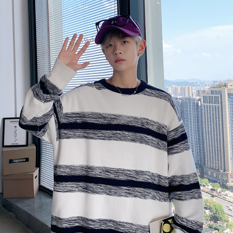 Striped Sweater New Round Neck Tide Lazy Hong Kong Style Sweater Jacket Men