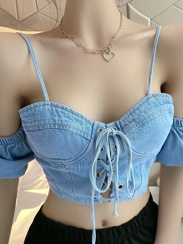 Fashion Sexy Washing Short Wrap Chest Strap Denim Vest Women - Picture Color A-L