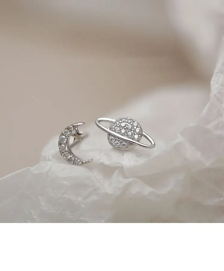 S925 Sterling Silver Asymmetric Moon Planet Small Ear Studs