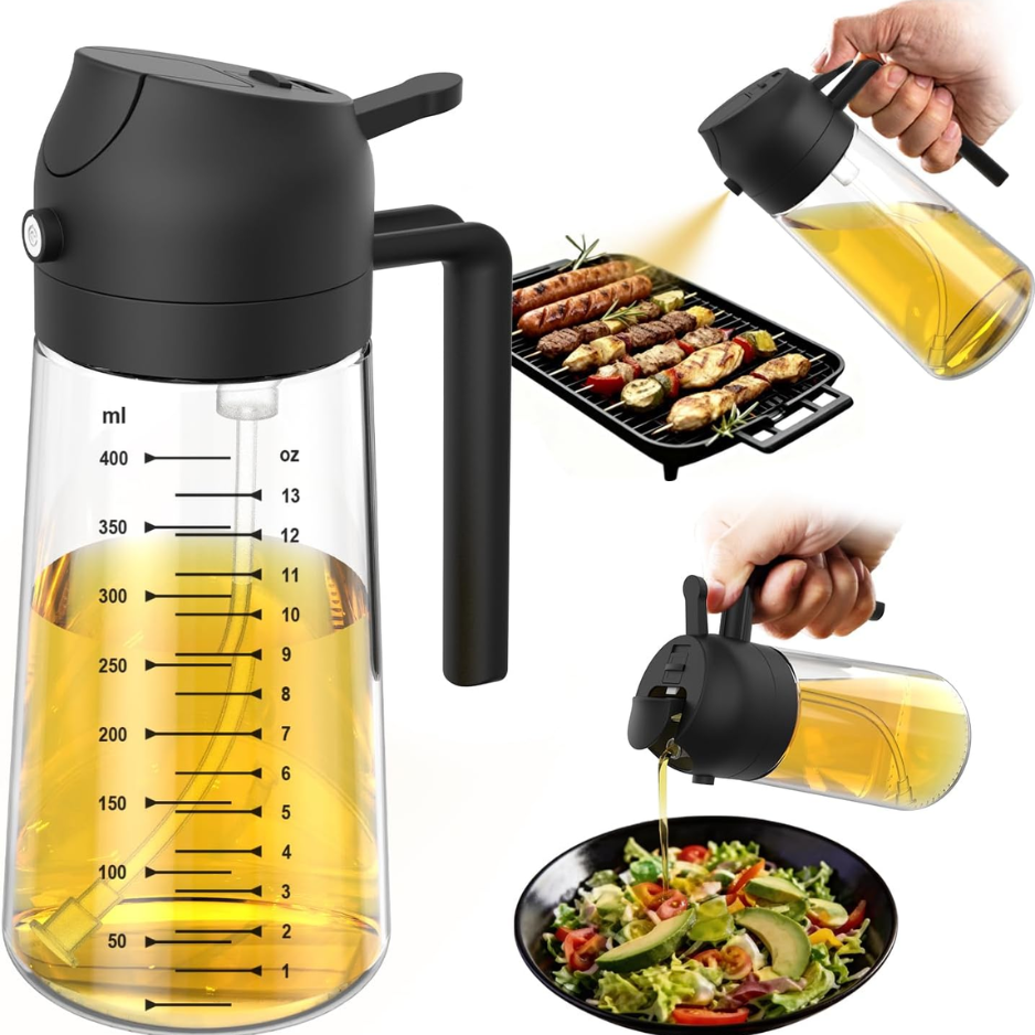 2-in-1 Glass Olive Oil Sprayer & Dispenser 16oz 470ml - Black Cooking Bottle For Air Fryer