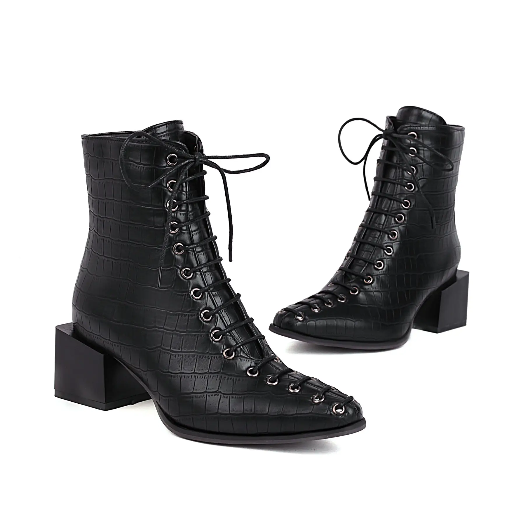 Fashion Mid-heel Square Toe 40414243 Snake Front Lace-up Low-top Women's Boots