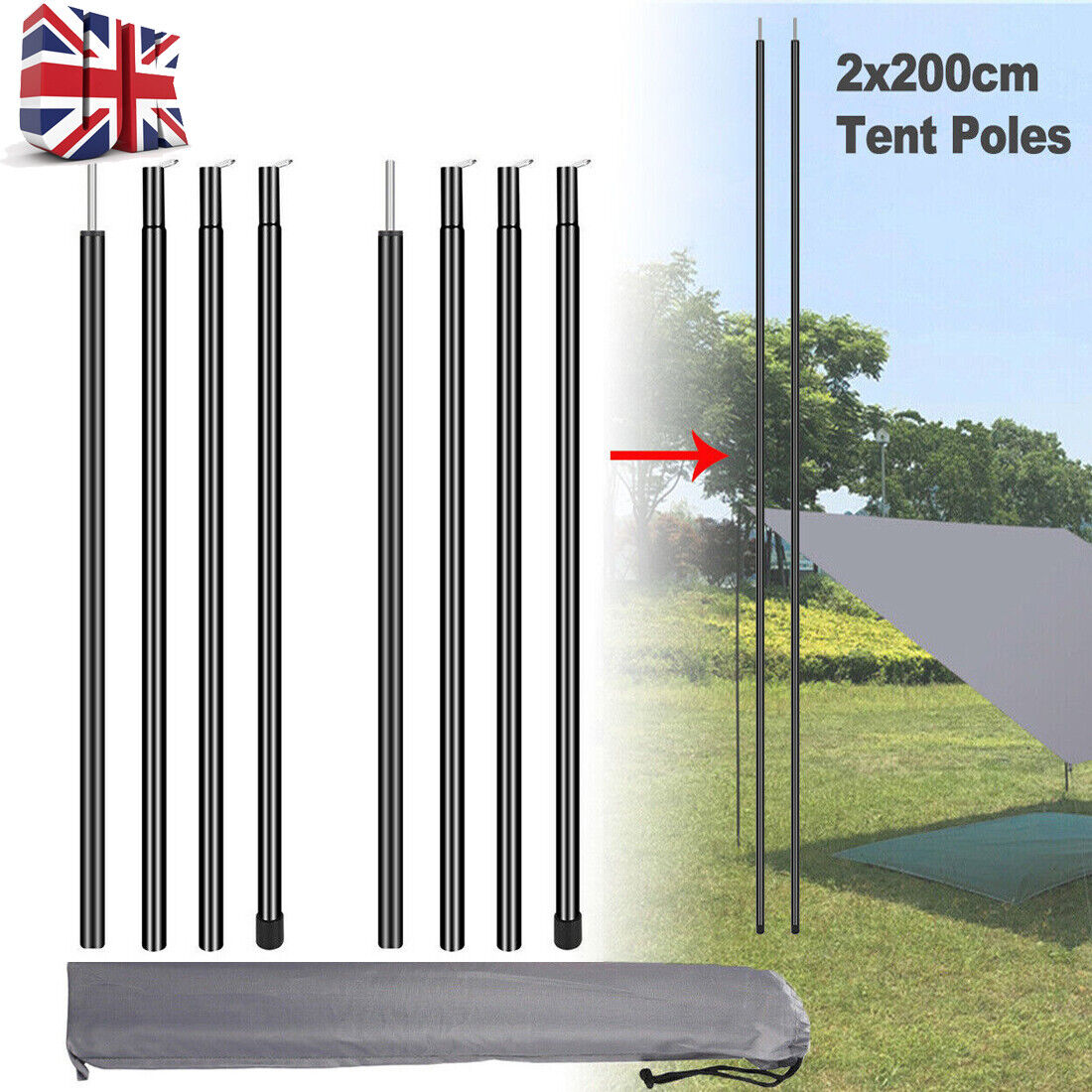 2x200cm Tent Poles Universal Telescopic Adjustable Steel Awning Canopy Tarp Pole 2