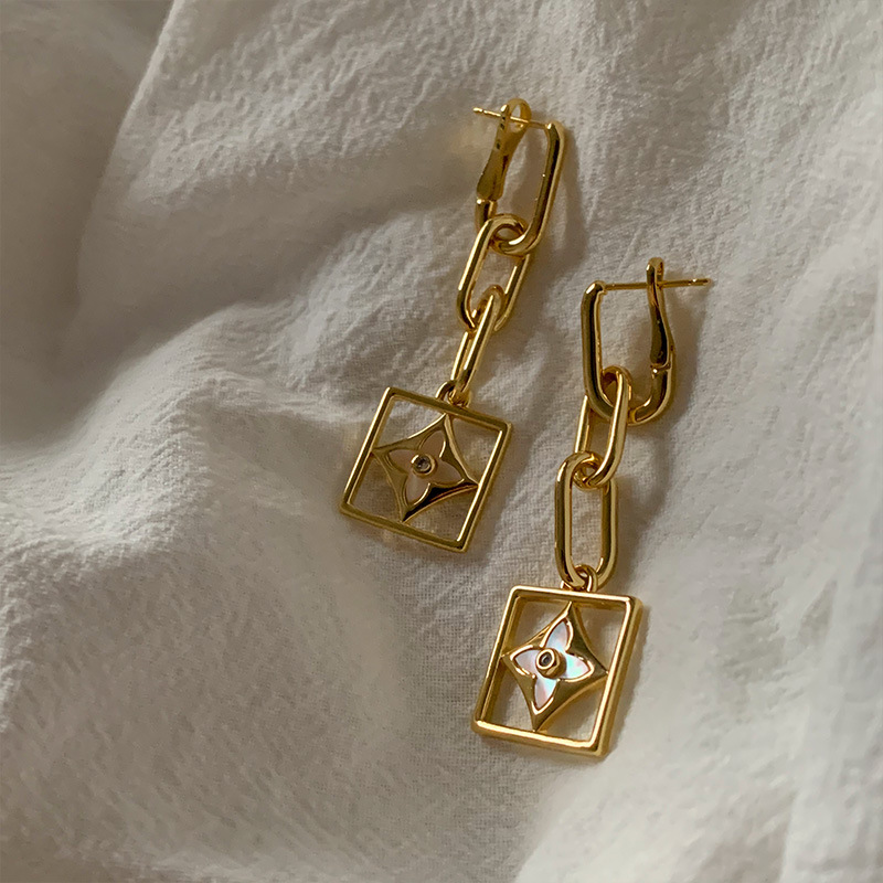 French Vintage Earrings With Diamonds And Long Gold Chain