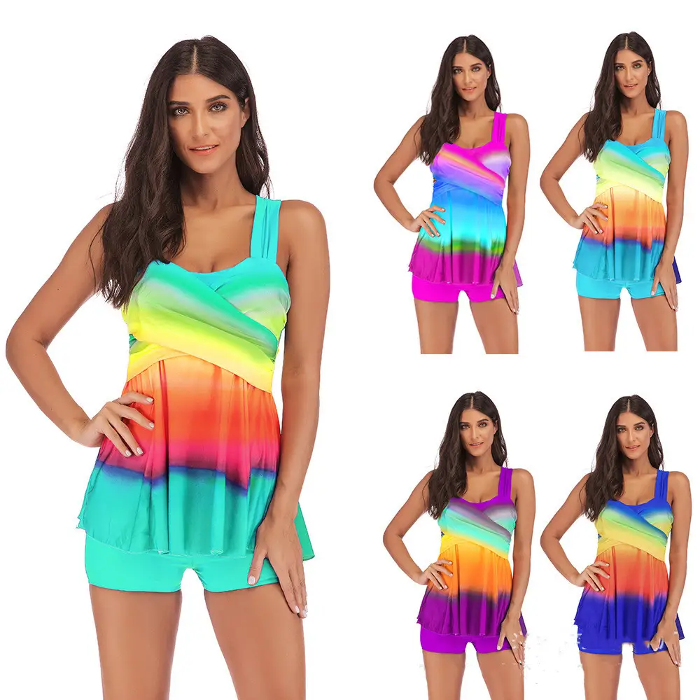 European And American Plus Size Skirt Swimsuit Gradient Color Rainbow Printing