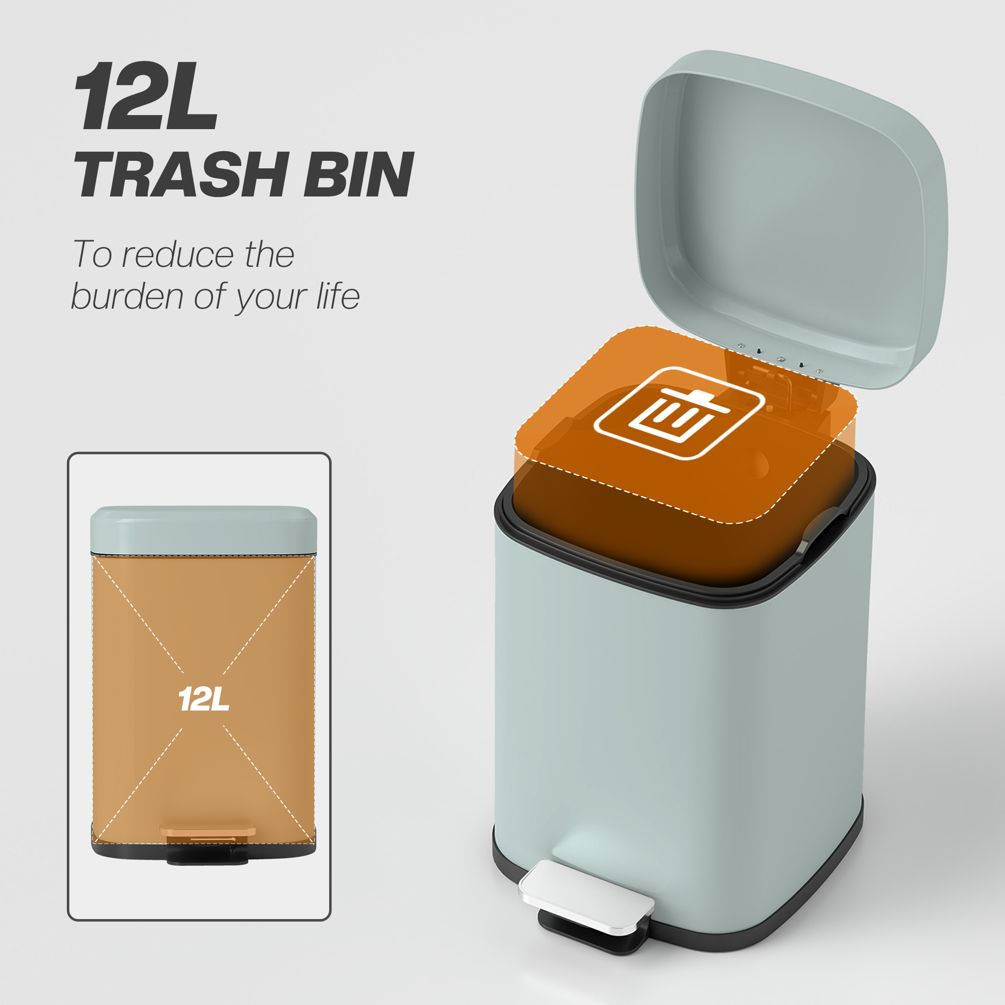 12 Liter Modern Square Metal Household Kitchen Trash Can - Light Green — image 2