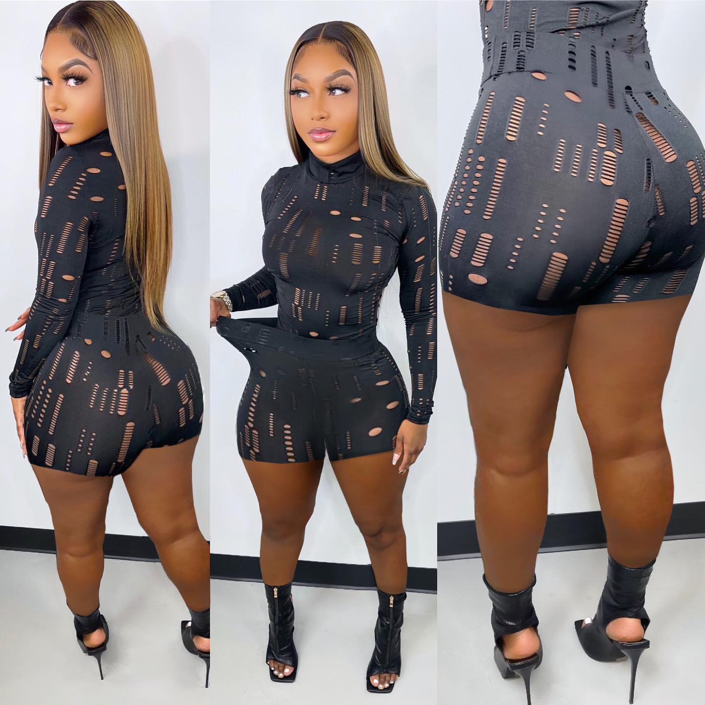 Elastic Ripped Turtleneck Long-sleeved Top Pencil Pants Set - Image 6