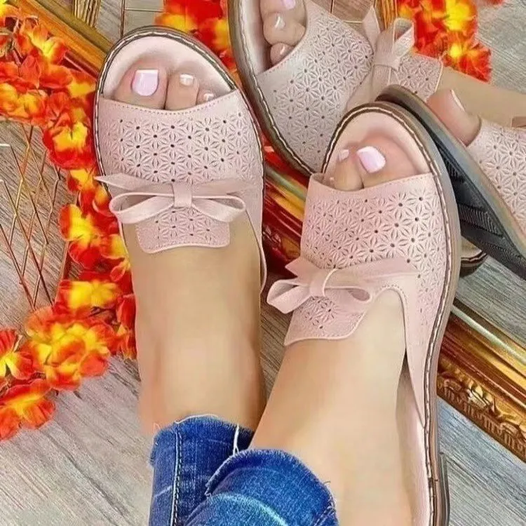 Flat Bottom Bow Wispy Air Breathable Fashion Beach Slippers - Pink
