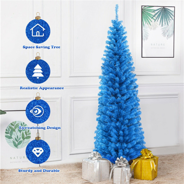 6FT Artificial Christmas Tree - 520 Branch Tips, Blue/Pencil Shape Design, Eco-Friendly PVC + Sturdy Metal Stand-17