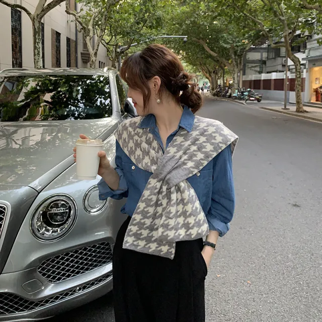 Cashmere like Air conditioned Room Outside The Neck Of Shoulder Pad Grey Houndstooth - Shop at LoveMi