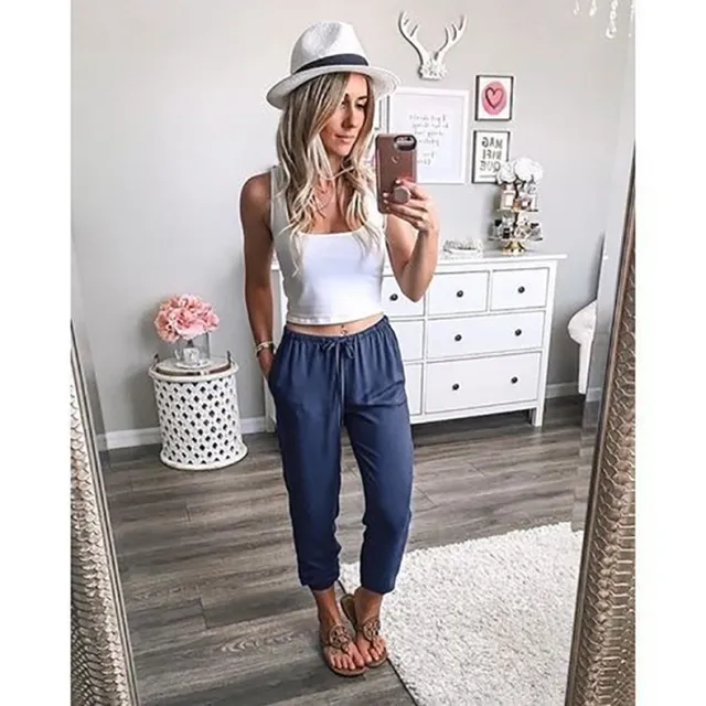Lace Up Cropped Low Rise Slacks Navy - Shop at LoveMi