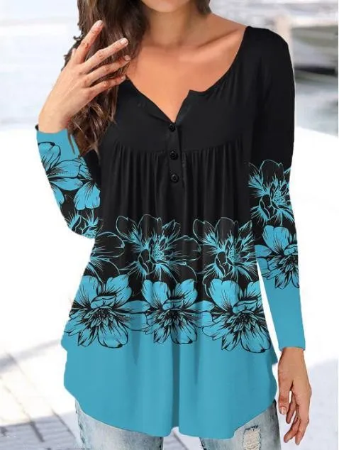 Loose Floral Print Half Open Button Top - 5 Style