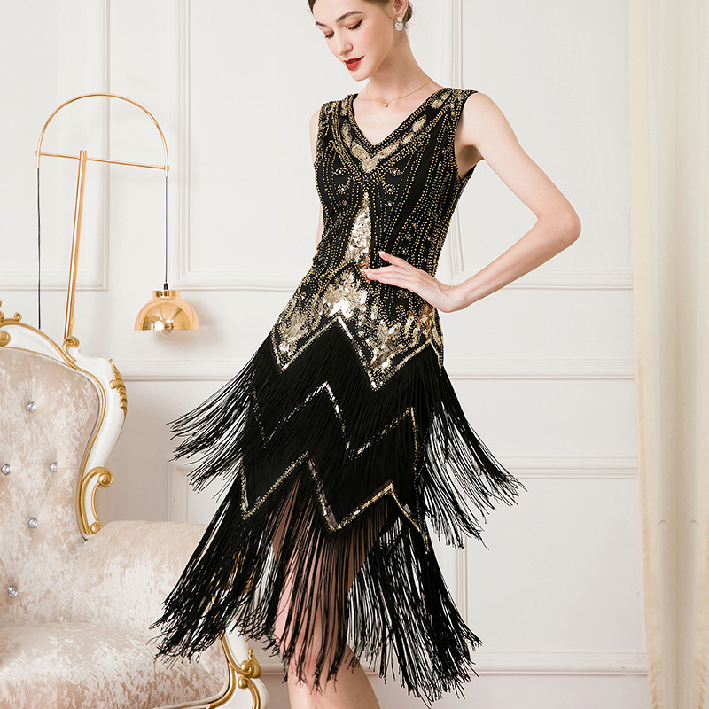 Cocktail Ball Sequin Beaded Dress Black Gold - Shop at LoveMi