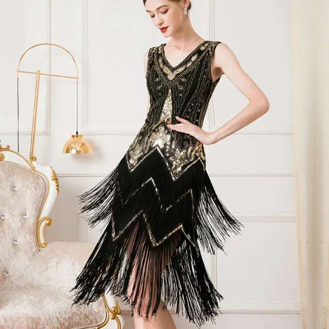 Cocktail Ball Sequin Beaded Dress Black Gold - Shop at LoveMi