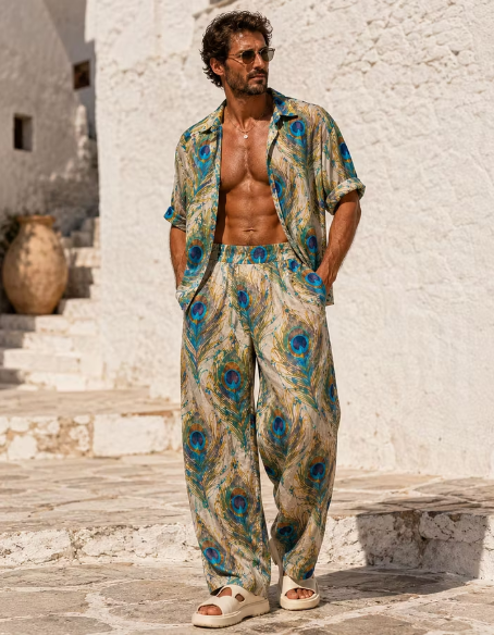 Peacock Feather Print Resort Shirt & Pants Set