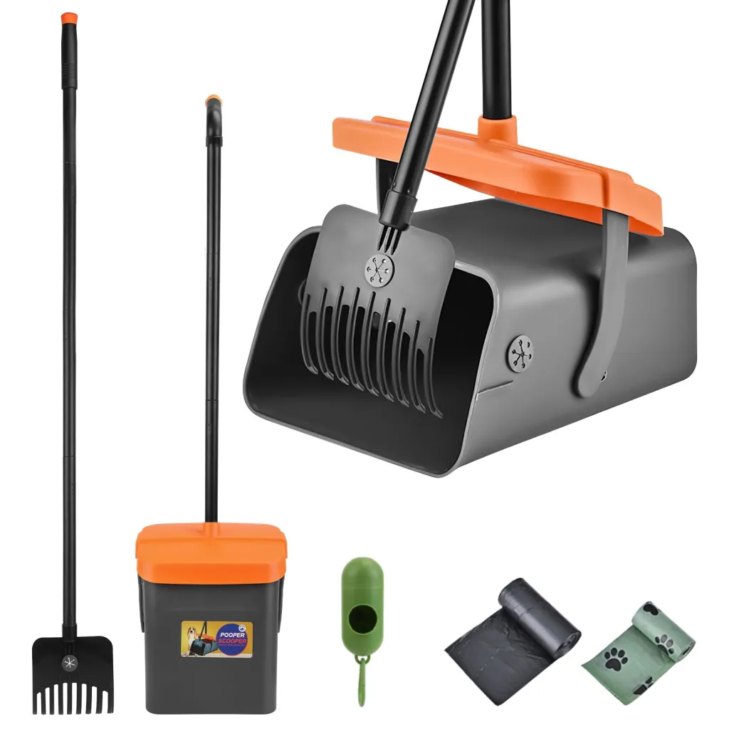 Pooper Scooper Kit Dog Poop Rake & Swiveling Bin Poop Heavy Duty Pick Up Tool With Extra Long Handle 35 Waste Bags Dispenser - Black