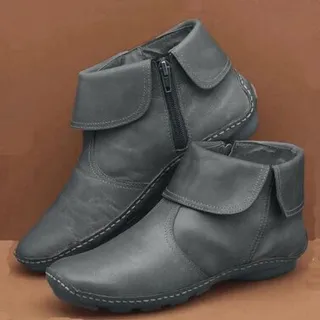 Ankle Boots Women Zipper Flat Shoes - Gray