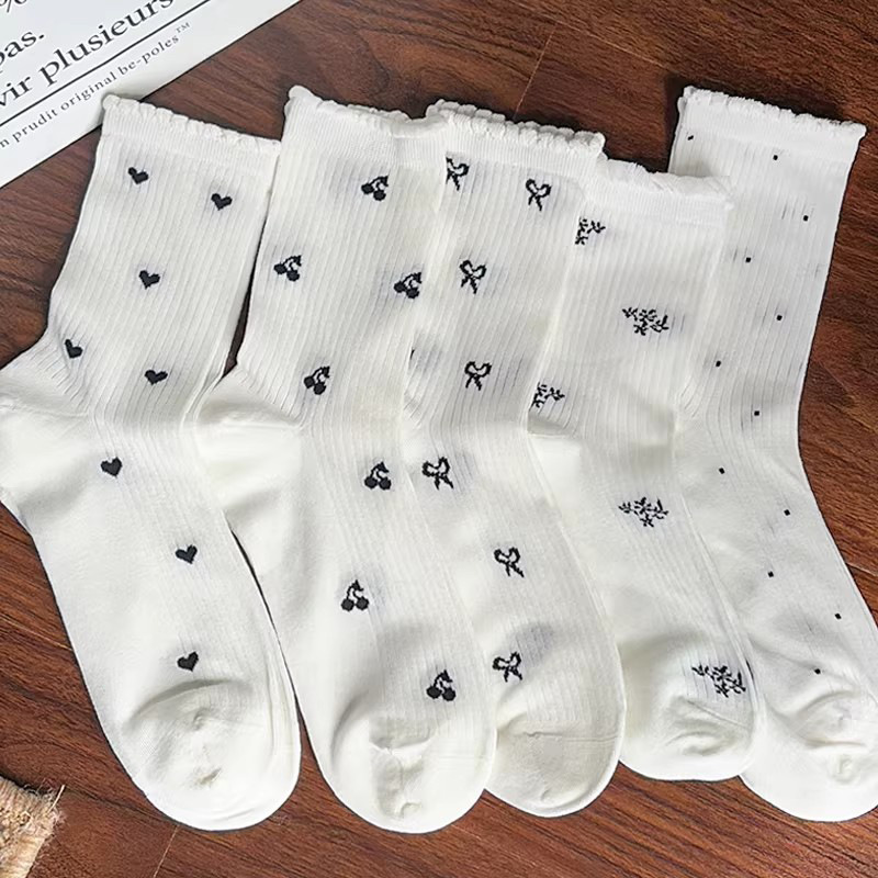 Breathable Cotton Mesh Bow Lace Socks for Summer, White