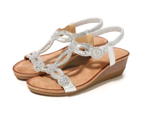 Retro Ethnic Bohemian Wedge Sandals With Rhinestones White - Shop at LoveMi