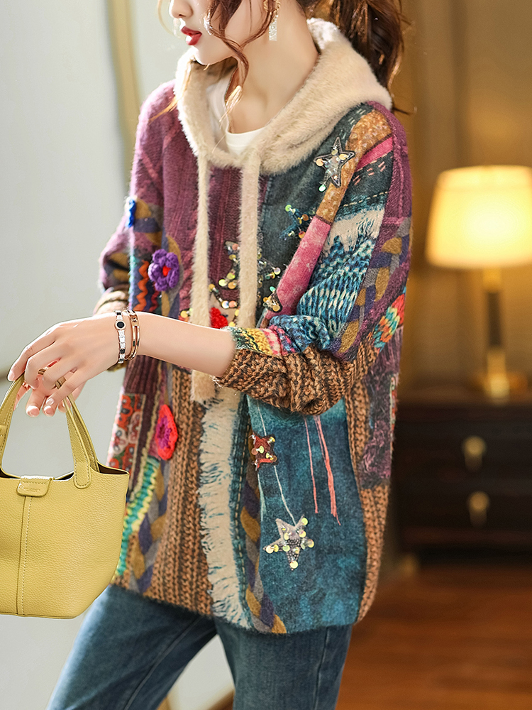 New Mink Solid Flower Hooded Sweater