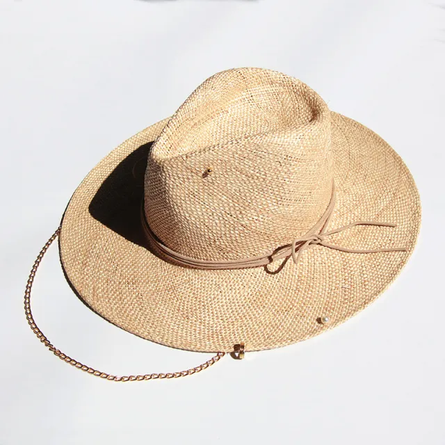 Ladies Summer Gold Chain Treasure Straw Hat Apricot - Shop at LoveMi