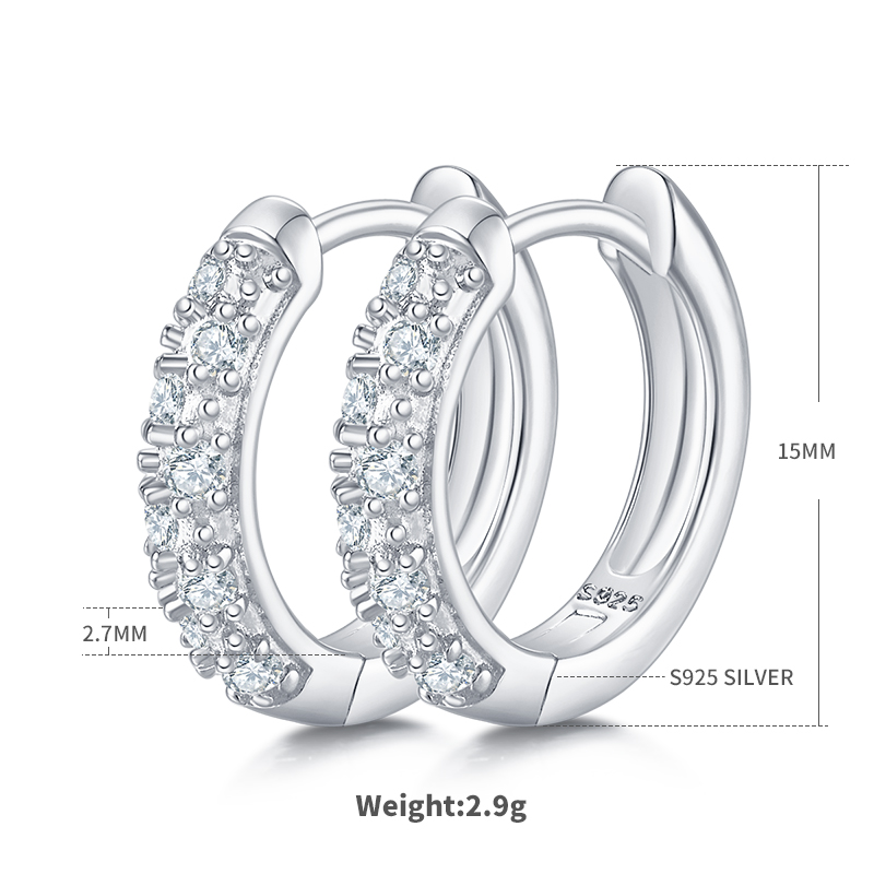 2.9g S925 Sterling Silver 15mm Moissanite Hoop Earrings  16 Stone Pave Huggie Hoops With GRA Certificate, Platinum Plated Jewelry Gift Box Set For Women