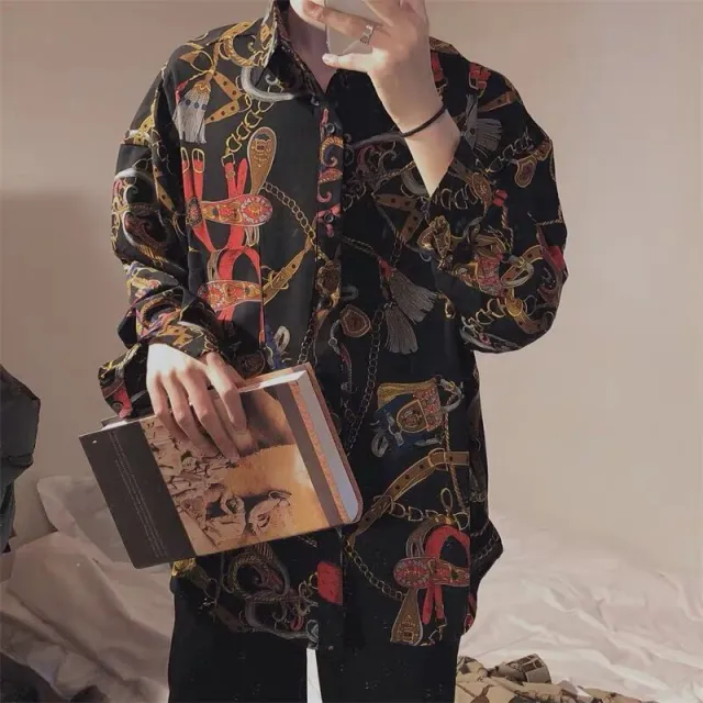 Men's Loose Retro Ruffian Print Shirt Black - Shop at LoveMi