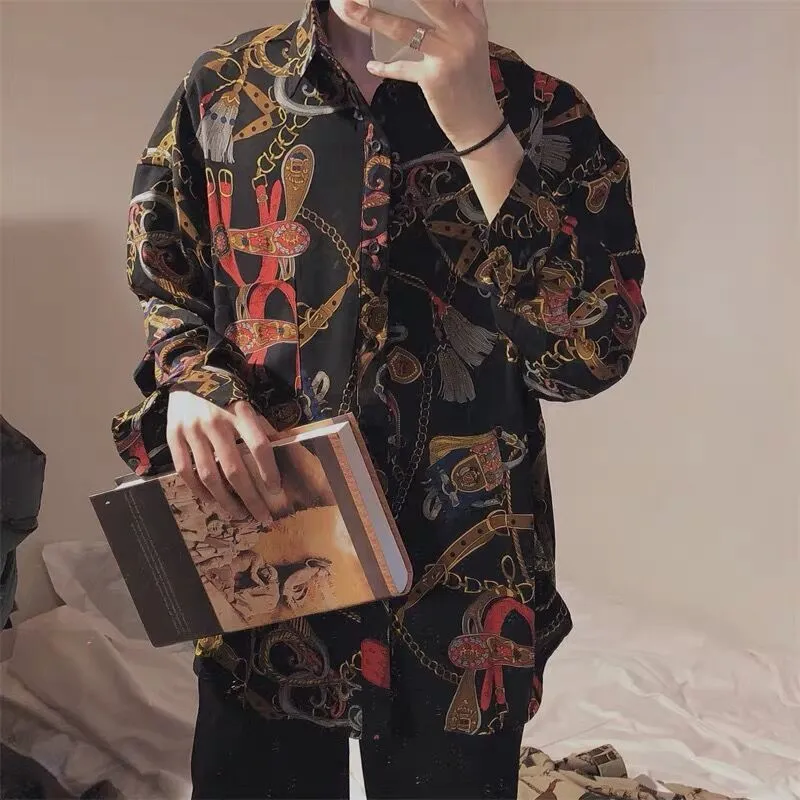 Men's Loose Retro Ruffian Print Shirt - Black