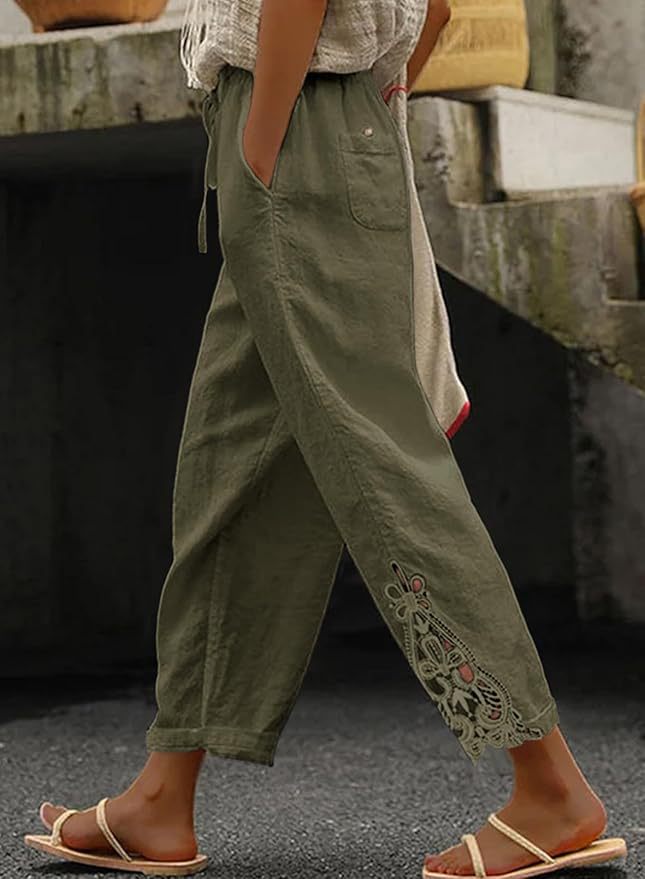 Women Thin Fall Casual Pants High Waist Drawstring Lace Spliced Design Button Detail Pocket Cropped Ankle Trousers