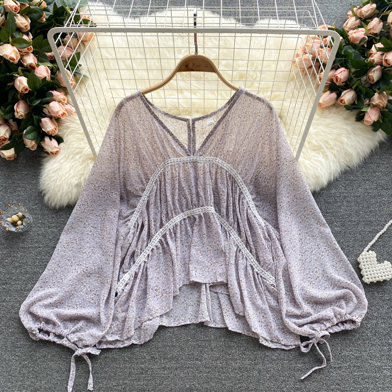 Chiffon Shirt Age Reduction Puff Sleeve Loose Wild Short Floral Doll Shirt