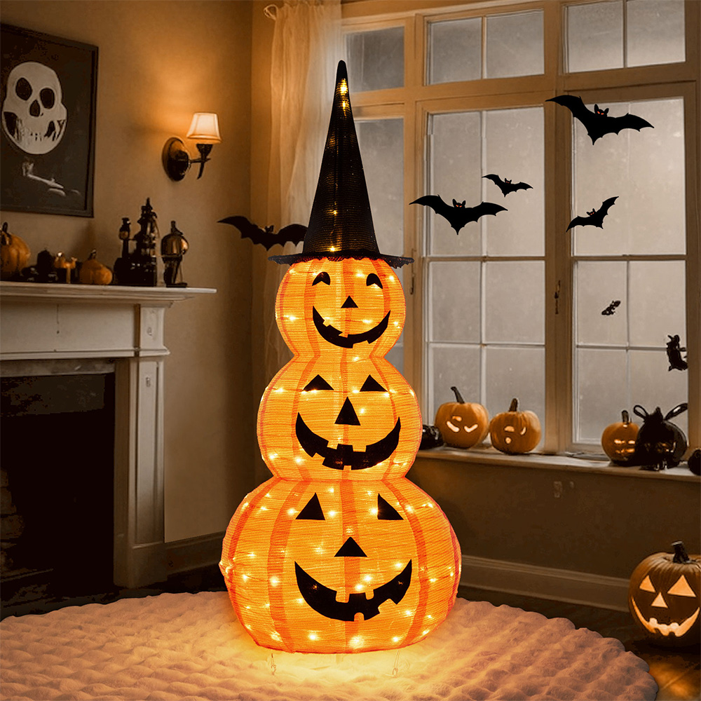5 Feet Lighted Stacked Pumpkins Halloween Decoration With Witch Hat